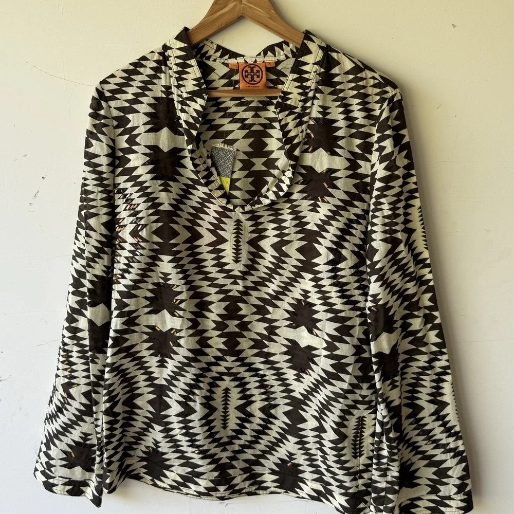Tory Burch Printed V-Neck Embellished Tunic‎ Blouse Brown & Neutrals Size 10